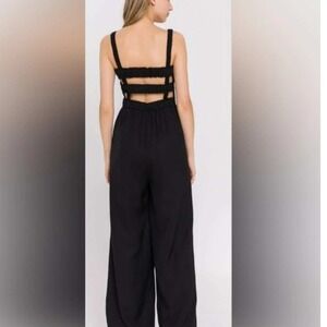 English Factory Black Smocked Wide Leg Jumpsuit XS Cutout Back